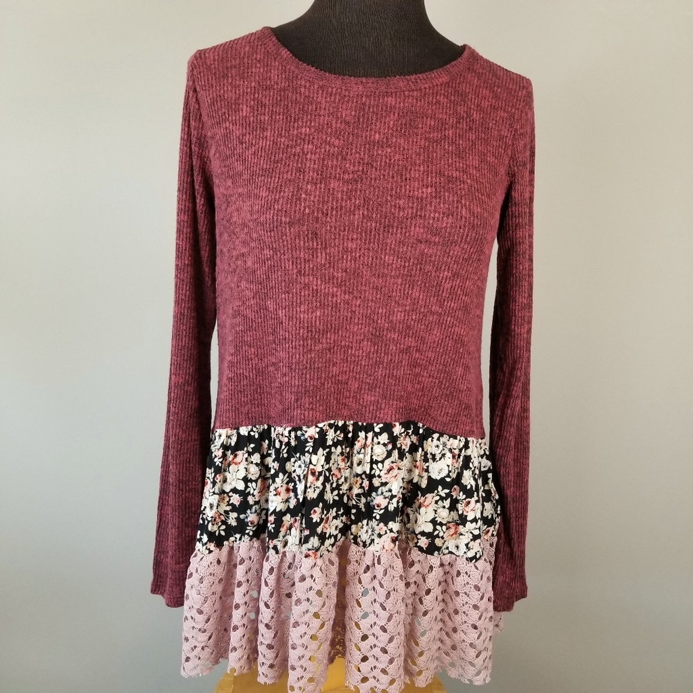 Oddy mauve tiered ribbed prairie sweater top